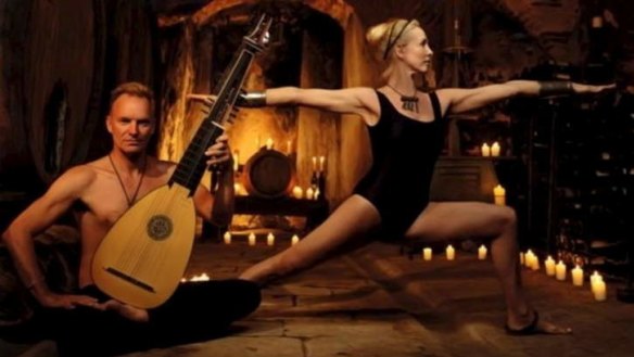 Sting, pictured playing the lute while his wife does yoga, also made the list.