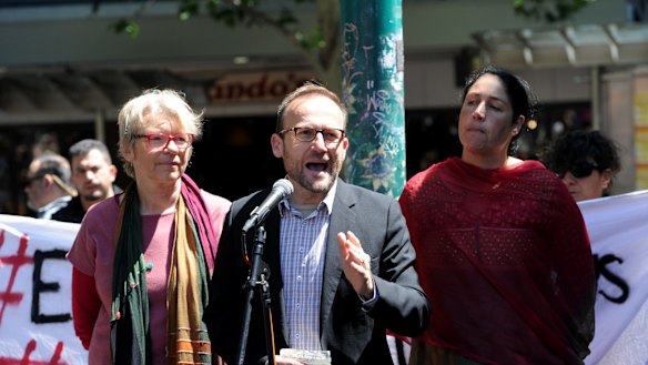 Federal Member for Melbourne Adam Bandt  addresses protesters at the rally.