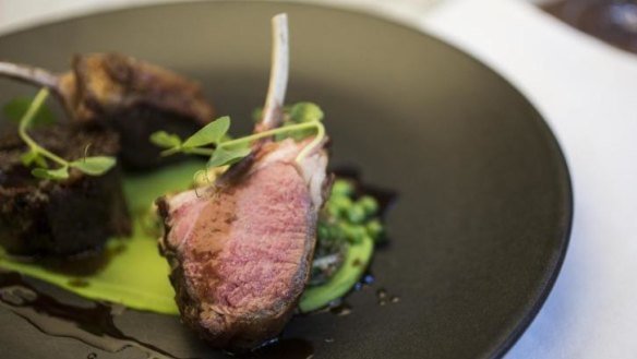 Frenched Cowra double cutlet with lamb croquette and pea puree.