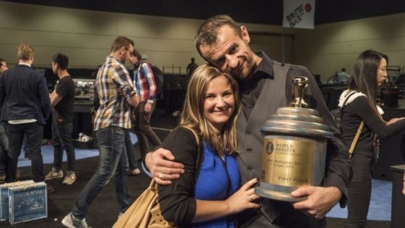 Canberra barista Sasa Sastic with wife Betty and the World Barista championship title.