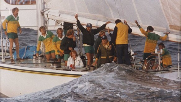 Alan Bond and crew celebrate winning the 1983 Americas Cup.