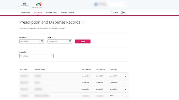 A screenshot of a person's My Health Record prescription data.