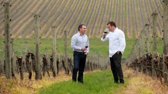 Winemaker Paul Bridgeman and chef Teage Ezard among the vines at the Yarra Valley site where the new Ezard @ Levantine Hill restaurant will be built.