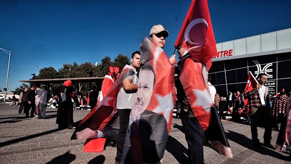 Members of Melbourne's Turkish community meet outside Broadmeadows Library in Melbourne, in support of Turkey's president after a failed coup attempt in Turkey. Melbourne, Saturday July 16, 2016. Photo: Luis Ascui