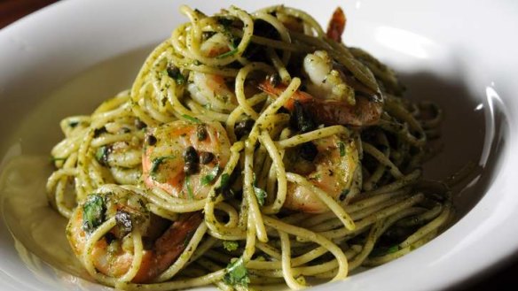 Spaghetti with pesto and king prawns at Tosolini's.