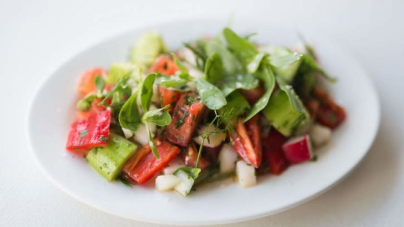 Shepherd's salad: diced tomato, onion and radish with purslane.