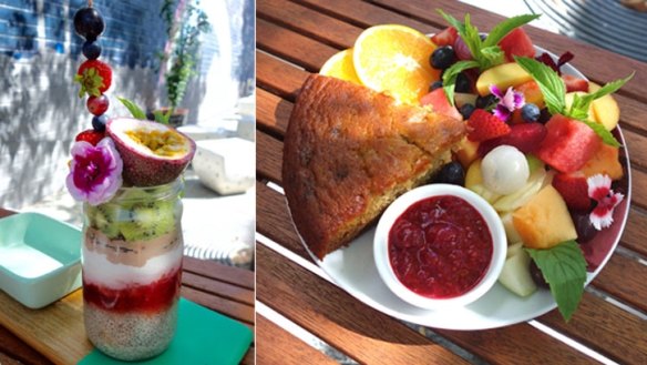 The raw parfait and banana bread with a mountain of fruit at Flora &amp; Fauna. 