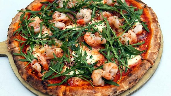 Pizza Farnese with mozzarella, garlic, prawns and chilli from Pizzeria Bellucci at the Bankstown Sports Club.