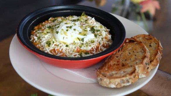 Baked beans with haloumi and gremolata.