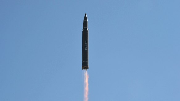 This photo distributed by the North Korean government shows what was said to be the launch of a Hwasong-14 ICBM.