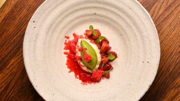 Basil sorbet with strawberry granita and white chocolate ganache