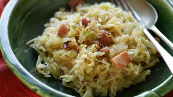 Savoy cabbage with smoky bacon  and apple.