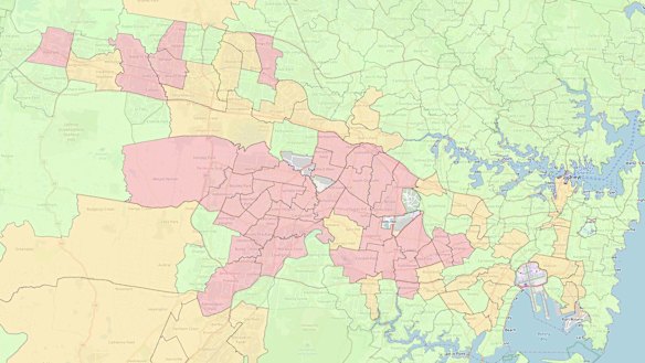 A map shows high-risk areas for problem gambling and social disadvantage (shaded red) in Sydney where new poker machine licences will be frozen under reforms introduced by the state government.