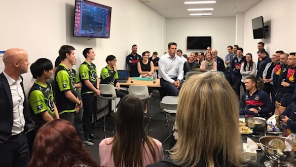Adelaide's Football Club purchased the Legacy eSports team earlier this year. Here, Crows CEO Andrew Fagan addresses the team. 