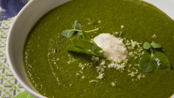 Spring pea soup: Potato and stock lend a surprising richness.