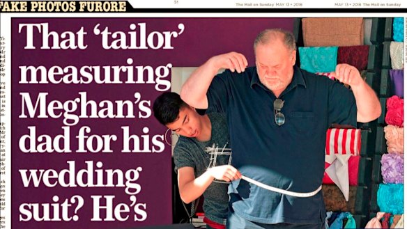 The cover of the Mail on Sunday showing Thomas Markle, Meagan Markle's father, being fitted for a suit.