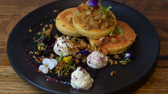 Apple and almond pikelets with blueberry jam and yoghurt foam.
