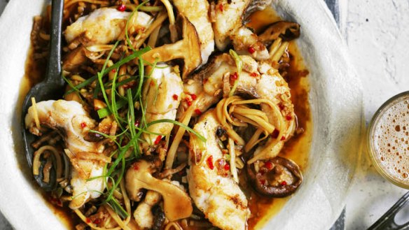 Stir-fried snapper with shiitake, pancetta and bamboo.