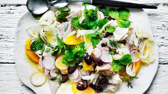 A fresh, vibrant side to any winter dish: Fennel, orange and olive salad with tuna.