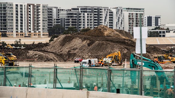 Westconnex work near St Peters, with apartment developments in the distance.
