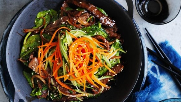 Bibimbap with beef and onions; great served with a fried egg on top