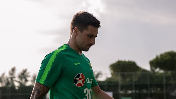 Sweating it out: Jamie Maclaren after a tough Socceroos training session in Turkey.