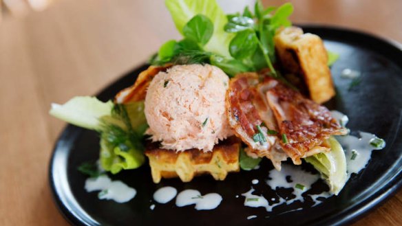 Salmon rillettes served on a celeriac waffle.