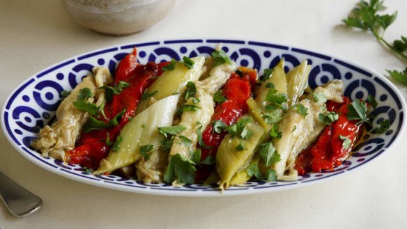 Roast leek, eggplant and red capsicum salad.