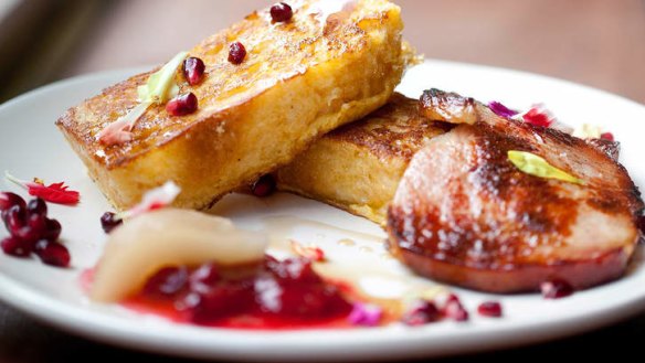 French toast served with pear, pomegranate and thick-cut bacon.