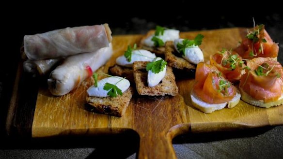 Rice paper rolls, fruitbread and goat's cheese, and smoked salmon en croute.