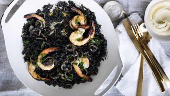 Paint it black: Prawn, squid ink and bacon paella.
