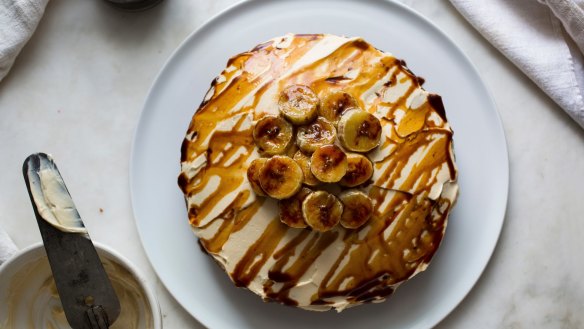 Sesame, date and banana cake with tahini cream cheese icing and caramelised banana.