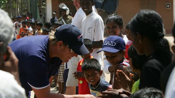 Shane Warne visiting a tsunami refugee camp in southern Sri Lanka in 2005. The Shane Warne Foundation donated money to the aid effort. 