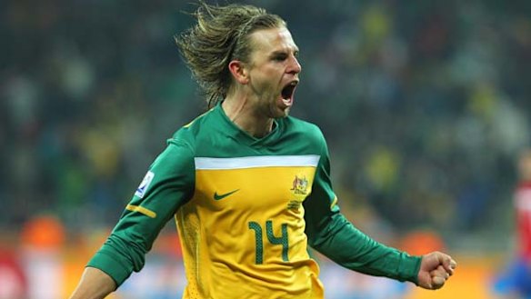 Brett Holman celebrates his goal