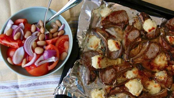 Grilled Lamb Cutlets with Feta and Tomato-Bean Salad
