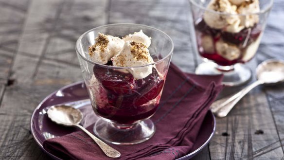 Walnut meringue kisses with roasted blood plums.