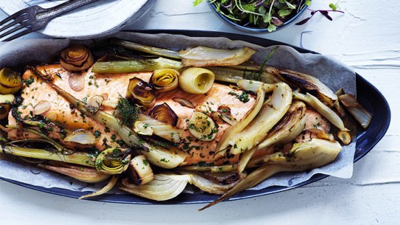 Mother's Day cooking: Ocean trout with braised fennel and leek.