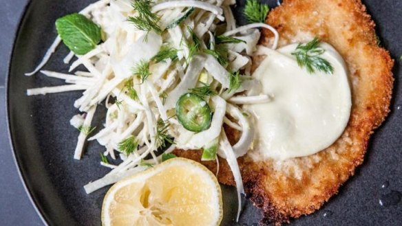 Pork schnitzel with buffalo mozzarella and fennel, apple and sour cream slaw.