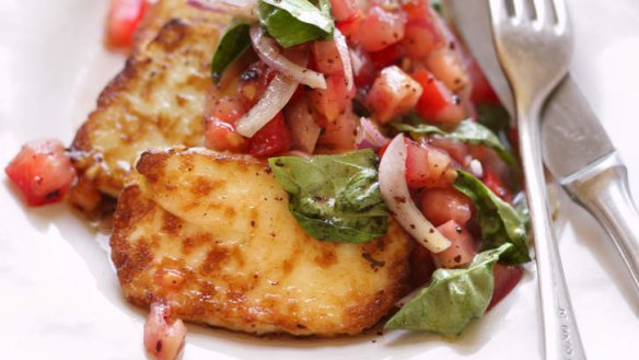 Simply delicious: Haloumi with basil and tomato.