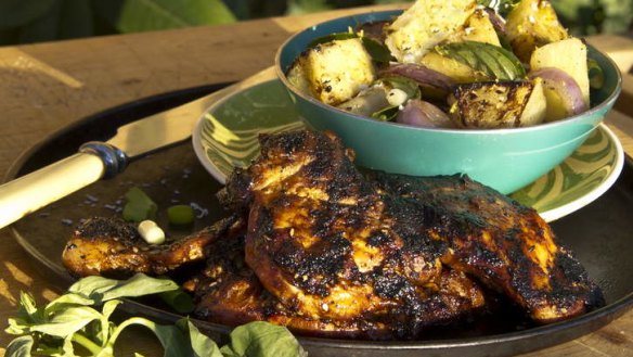 Barbecued pineapple salad and paprika chicken.
