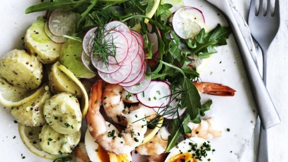 Potato, prawn and avocado salad is an ideal late-summer lunch or dinner.