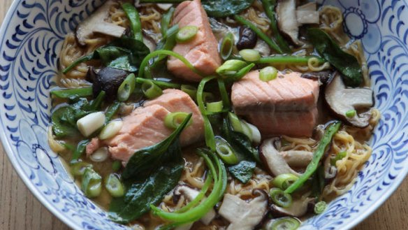 Salmon miso noodle soup makes a quick and healthy lunch or dinner.