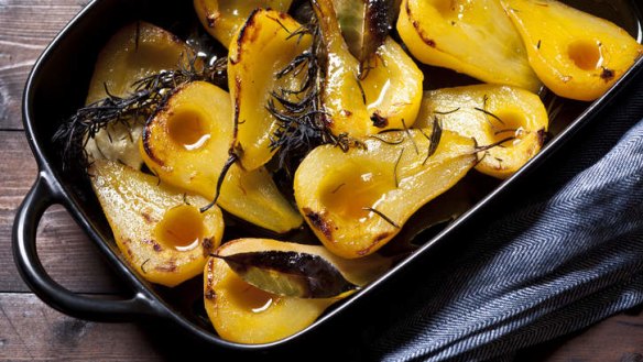 Roasted pears with saffron, rosemary and bay.