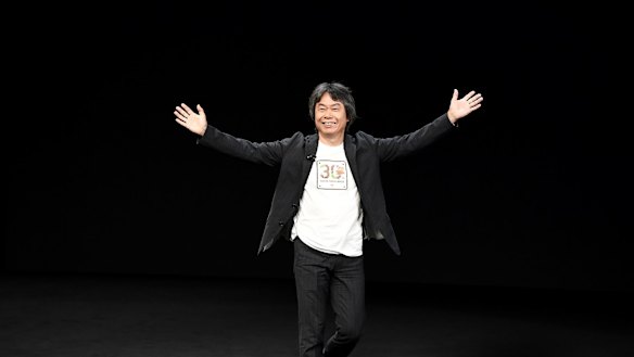 Nintendo's Shigeru Miyamoto appears on stage at the Apple event in California.