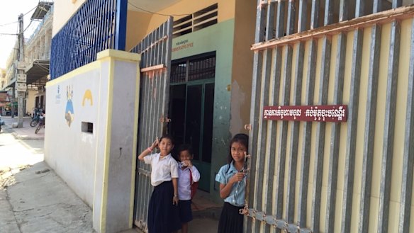 Children outside an orphanage in Phnom Penh.