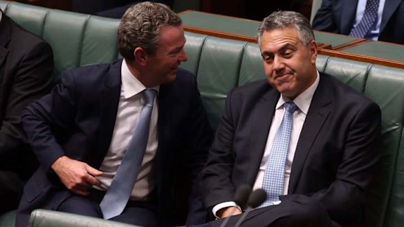 Christopher Pyne and Joe Hockey react to taunts from Opposition Leader Bill Shorten during the Budget Reply. Photo: Andrew Meares