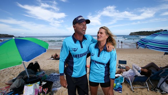 Lifeguards Kristian Yates, aka Yatesy, and Nicola Atherton at work on Bondi Beach with the <i>Bondi Rescue</i> TV crew. 