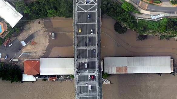 An aerial view of Howard Smith Wharves during January's floods.