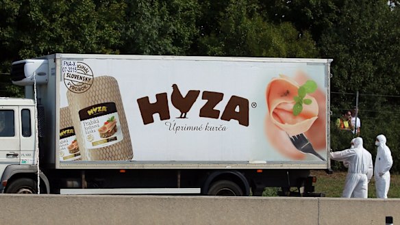 Police investigates a truck that  stands on the shoulder of the highway south of Vienna, Austria, 