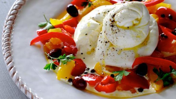 Cheese-lovers delight: Italian burrata with peppers, olive oil and capers.